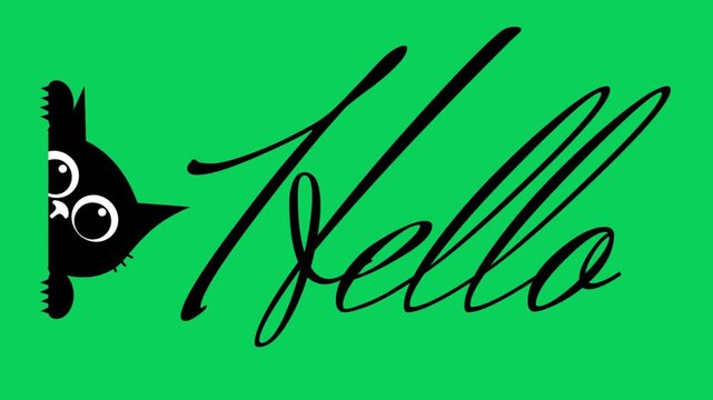 A playful animated video intro with a cute black cartoon character peeking in and stylish &ldquo;Hello&rdquo; handwritten text on a bright green background.