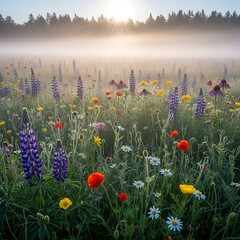 Vibrant wildflower meadow at dawn with mist and sunlight.