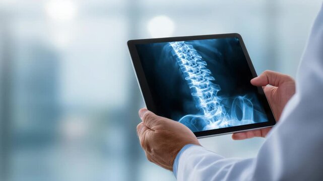 Medical professional examines spine x-ray on digital tablet. The image shows a doctor's hand holding a tablet displaying a detailed x-ray of the spine