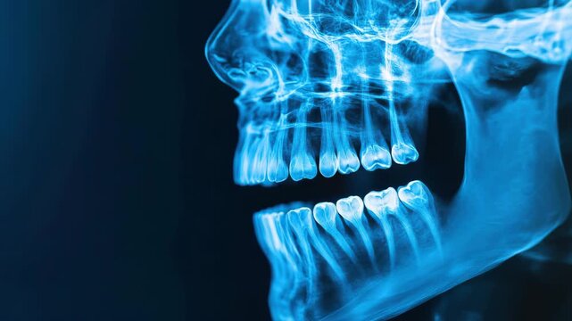 An X-ray of human skull with teeth in detailed view