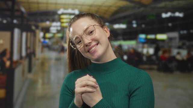 Smiling woman in green turtleneck sweater clasps hands at busy airport terminal; serenity calmness optimism.