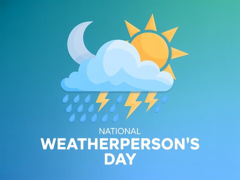 National weatherpersons day icon with sun, cloud, moon, rain, and lightning bolts