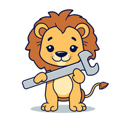 Fototapeta premium Cartoon lion holding a wrench