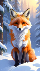 Fototapeta premium Fox portrait in snowy woods, bright, fluffy orange fur, white chest, dark legs, sunlit forest backdrop