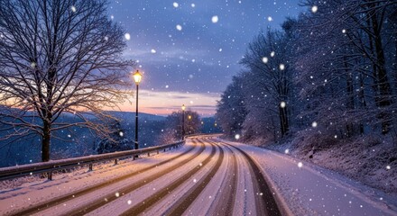 Snowfall illuminates a winding rural roadway lined with frosted trees during twilight hours