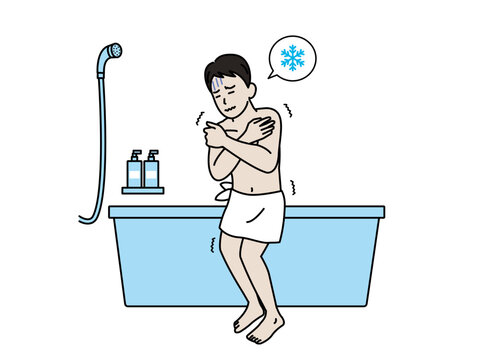 浴室が寒くて震える男性のイラスト