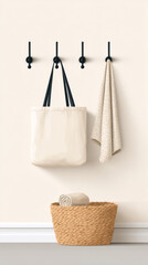 Fototapeta premium Entryway organization with coat hooks and basket for home decor