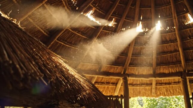 Sunlight beams through a thatched roof creating a peaceful and serene atmosphere in a rustic structure.