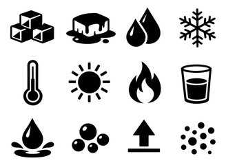 Solid glyph icons set featuring temperature, water, and states of matter symbols for scientific and weather applications