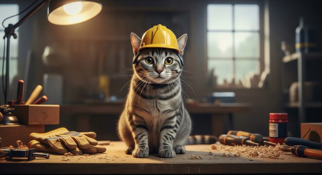 Tabby Cat with Yellow Hard Hat in Workshop Under Bright Overhead