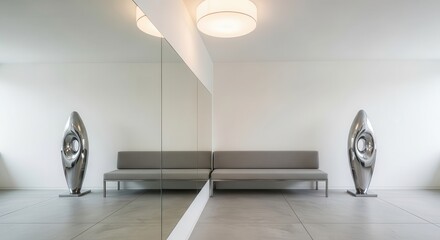 Modern minimalist interior space features contemporary metal sculpture and seating arrangement reflected in glass