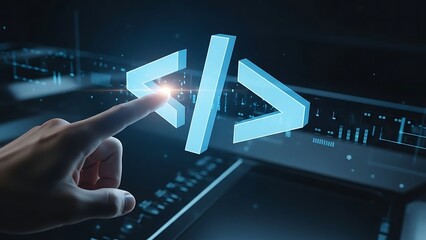 hand interacting Hand interacting with glowing code symbols on a digital interface in a dark room with computer screens