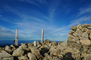 Summit signpost and rocky mountain peak under a clear blue sky

