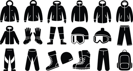 Ski Apparel Outline Icons Hooded Jackets, Gloves, Boots, Helmet, and Backpack Illustration