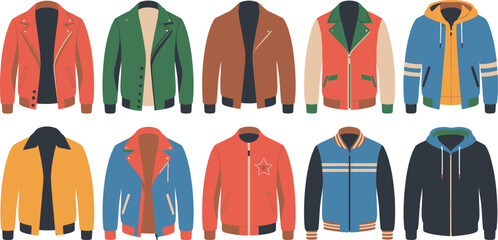 Ten Colorful Fashionable Jackets Stylish Outerwear Featuring Bombers, Leather, Varsity, and Hooded Designs