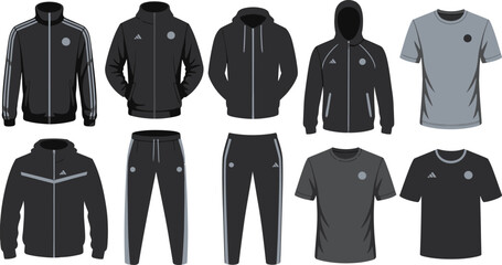 Variety of Men's Sportswear Track Jackets, Hoodies, Joggers, and ShortSleeve TShirts in Gray and Black
