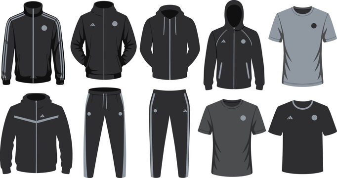 Variety of Men's Sportswear Track Jackets, Hoodies, Joggers, and ShortSleeve TShirts in Gray and Black