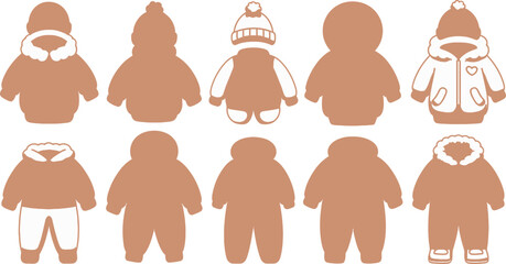 Winter Clothing Silhouette Set Brown Coats, Jackets, and Snowsuits on White Background