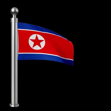 North Korea Flag Waving on Silver Pole Realistic Footage Flag Animation