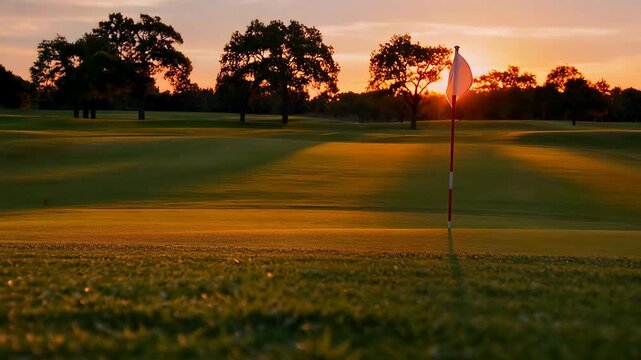 Golf course at sunset featuring a flagstick and vibrant colors in the sky over the grass