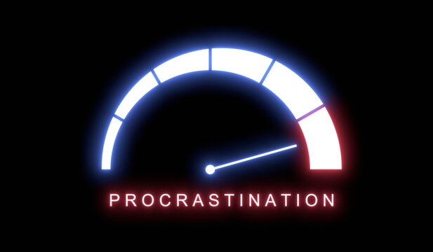 Neon glowing procrastination meter showing big risk levels. Increasing values of procrastination, critical overload. Too much, off the charts. Abstract meter scale with arrow. Time management concept.