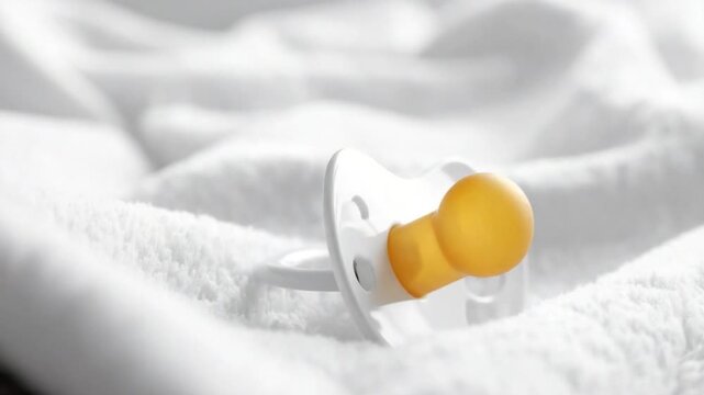 White baby pacifier with yellow nipple on soft blanket for infant comfort