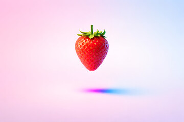 Floating Strawberry on Pastel Gradient Background with Colorful Shadow, Fresh Fruit and Modern Creative Food Concept