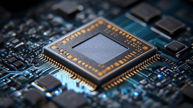 Close-up of a computer microchip on a circuit board with blue and gold components, conveying a technological and innovative mood.