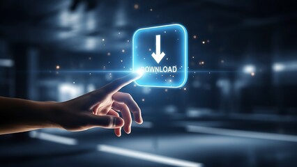 hand interacting hand pointing to a digital download button with a glowing blue square in a futuristic interface  technology concept