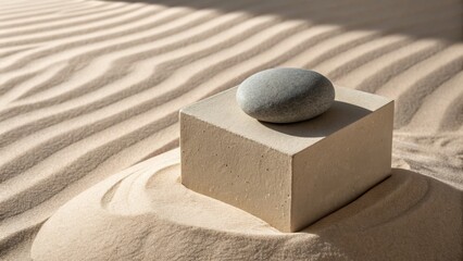 Obraz premium A serene zen garden with a stone on top of cube and a textured sand background