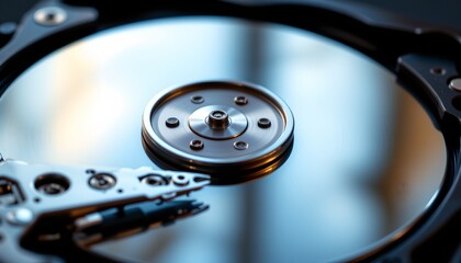 Abstract macro reflection on the hard drive's inner mechanics technology hub photography close-up artistic concept