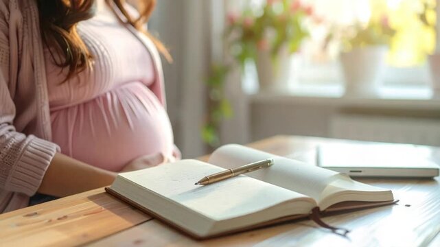 Pregnant woman writing in a journal at home, planning for motherhood