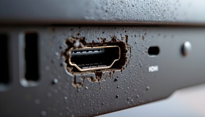 Macro shot of damaged hdmi port technology close-up indoor detail electronic malfunction