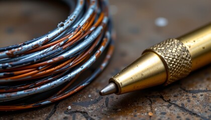 Messy coil of solder wire with gold pen workshop close-up industrial environment detailed focus on texture