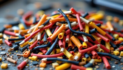 Colorful pile of stripped wire insulation workshop product photography indoor close-up industrial recycling concepts