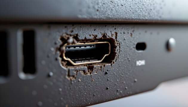 Macro shot of damaged hdmi port technology close-up indoor detail electronic malfunction