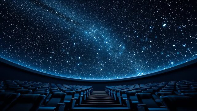 A dark blue planetarium with rows of empty seats facing a starry night sky projection on the domed ceiling.