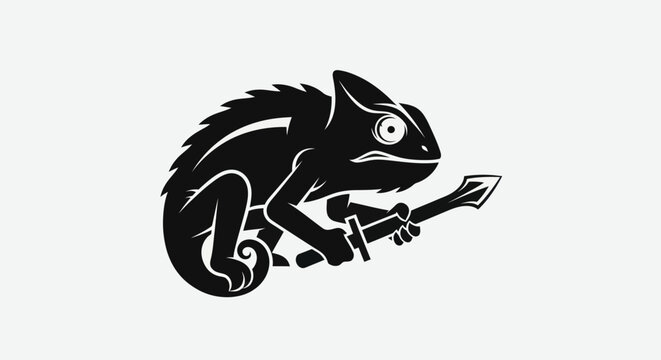 Black chameleon silhouette holding sword vector illustration isolated