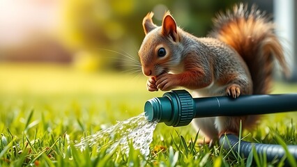 A squirrel chewing on a garden hose with water spraying on the lawn.
