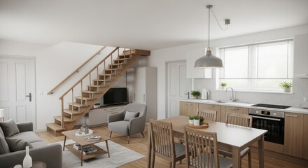 Modern Open-Plan Living Room and Kitchen with Wooden Staircase, Grey Sofa, Dining Area, and Contemporary Decor