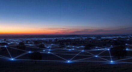 Illuminated digital network structure overlays a darkened rural landscape at twilight