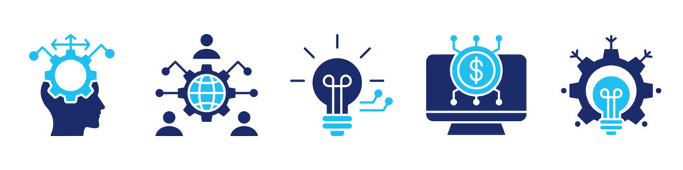 thinking process icon set collection, for decision concept with icons critical thinking, digital culture, knowledge, digital transaction, problem solving. simple vector glyph duotone illustration