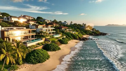 Luxurious oceanfront villas on a tropical beach, featuring pools and lush greenery, under a sunny blue sky