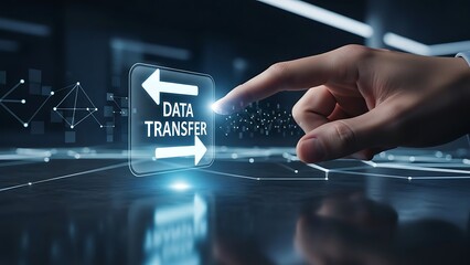 hand interacting hand pointing to data transfer icon on futuristic interface screen with glowing lines and dots  technology concept