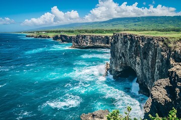 Obraz premium The dramatic cliffs of a tropical island meeting turquoise waters where ocean waves crash into rocky shores under a