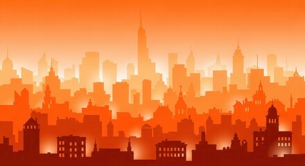 Obraz premium Dense urban skyline profile illustrated in warm, fading shades of orange