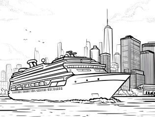 A cruise ship with a city coloring page