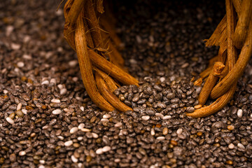 Chia seeds in a wooden bowl with a wooden spoon