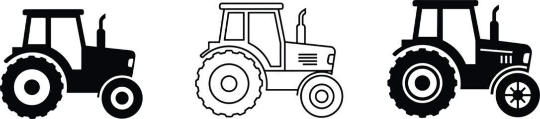 Farm tractor icon set with silhouette and outline styles isolated on white background vector illustration for agriculture machinery design © Mst