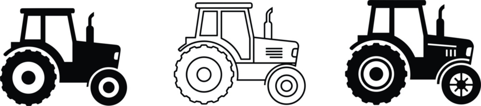 Farm tractor icon set with silhouette and outline styles isolated on white background vector illustration for agriculture machinery design